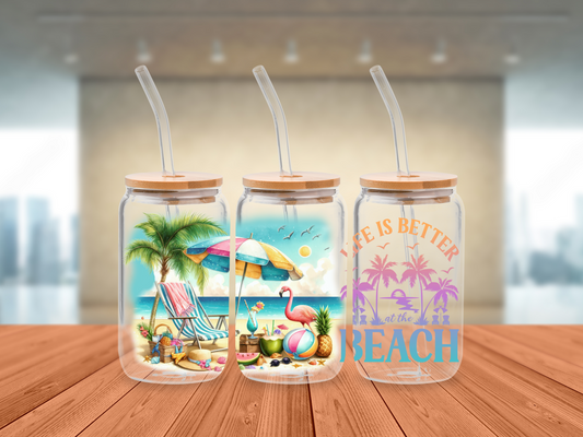 Printed Bamboo Lid Libbey Glass (beach)